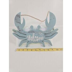 Coastal Crab Welcome Sign Nautical Beach Wall Decor Blue Wood